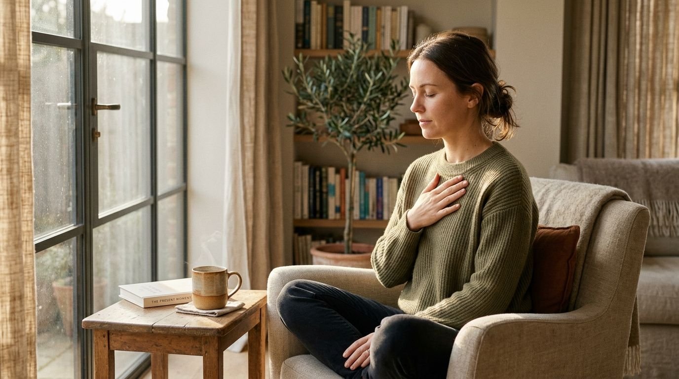 Persona en un momento de pausa y respiración consciente junto a una ventana para regular la ansiedad