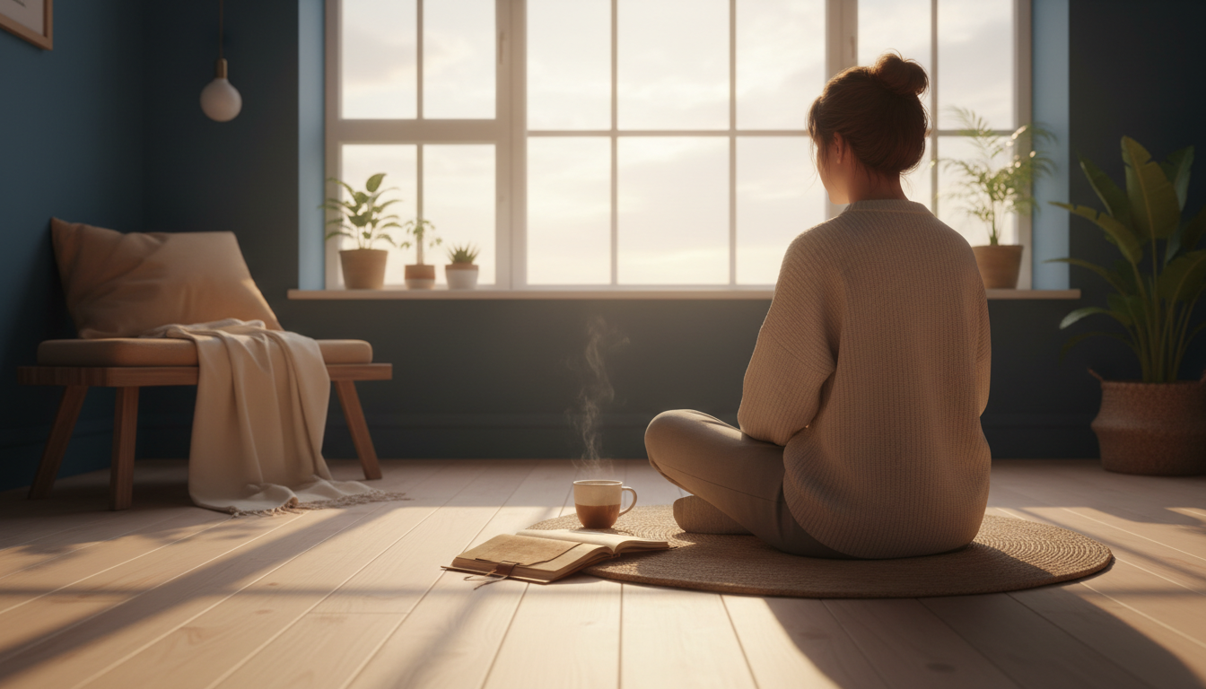 Persona de espaldas sentada junto a una ventana con luz natural, practicando atención plena, con un cuaderno y una taza cerca