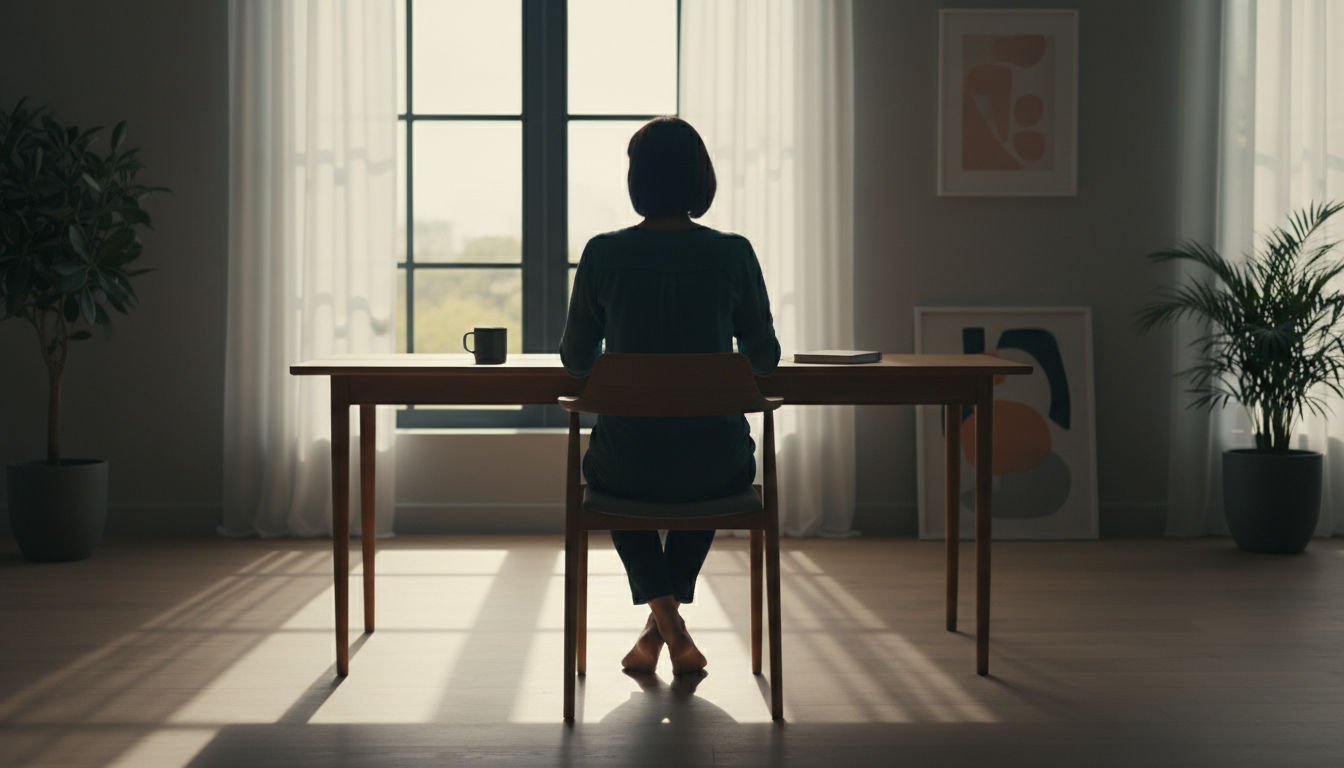 Persona sentada de espaldas a un escritorio junto a una ventana con luz natural, con una taza y un cuaderno cerca