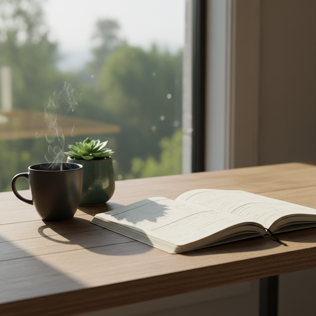 Escritorio junto a una ventana con luz natural, un cuaderno abierto con notas ordenadas en columnas y una taza de té